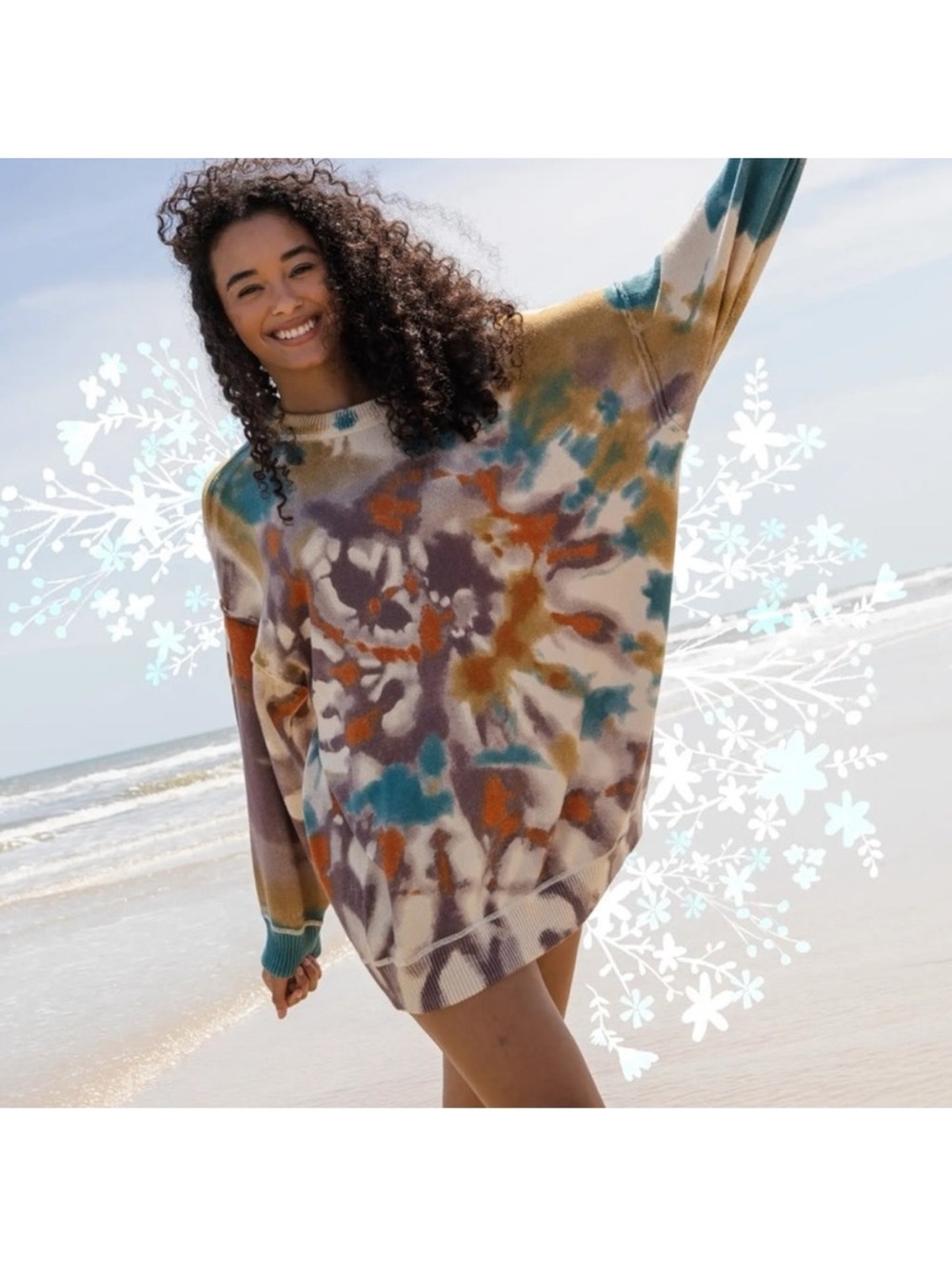 Natural Life Taylor Oversized Cotton Sweater in Sunset Tie-Dye Boho Size L/XL